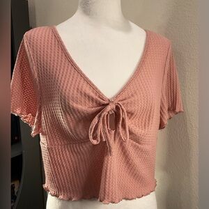 SHEIN Curve Pink Waffle Knit Tie-Front Crop Top